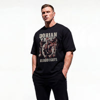 Model wearing Most Natty Blood and Guts bodybuilding oversized t-shirt showing front graphic print