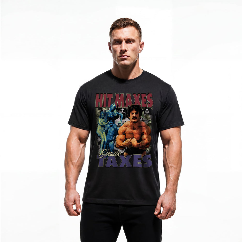 Model wearing Most Natty Hit Maxes Evade Taxes bodybuilding t-shirt showing relaxed classic fit