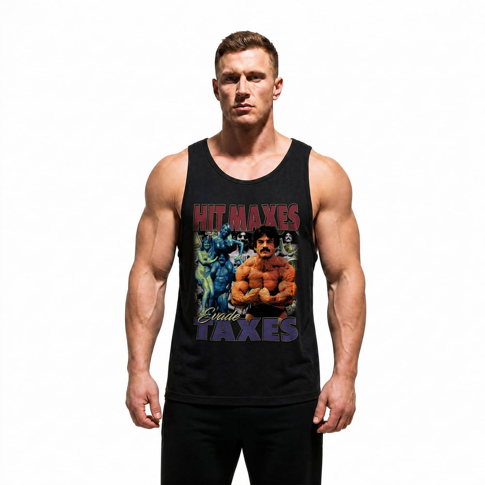 Model wearing Most Natty Hit Maxes Evade Taxes bodybuilding tank top showing relaxed standard fit