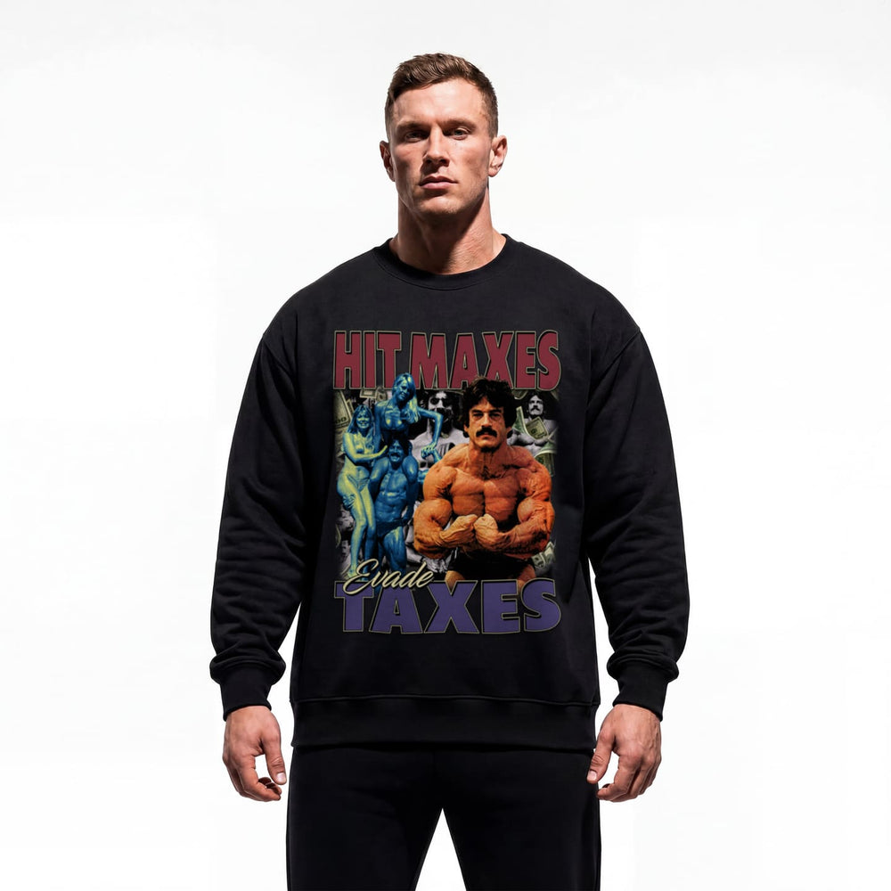 Model wearing Mike Mentzer Hit Maxes Evade Taxes bodybuilding pump cover crewneck showing relaxed oversized fit