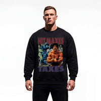 Model wearing Mike Mentzer Hit Maxes Evade Taxes bodybuilding pump cover crewneck showing relaxed oversized fit