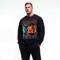 Model wearing Mike Mentzer Hit Maxes Evade Taxes bodybuilding pump cover crewneck showing front graphic print