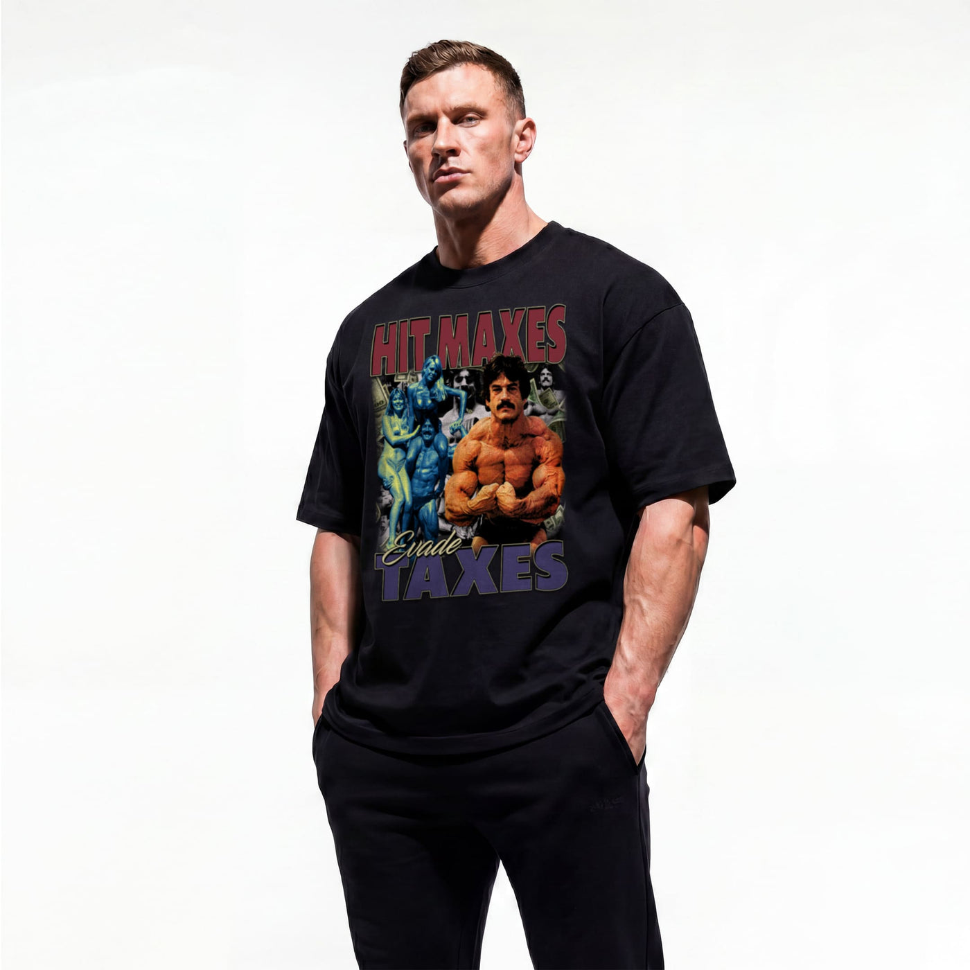 Model wearing Hit Maxes Evade Taxes bodybuilding oversized t-shirt showing front graphic print featuring Mike Mentzer