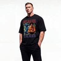 Model wearing Hit Maxes Evade Taxes bodybuilding oversized t-shirt showing front graphic print featuring Mike Mentzer