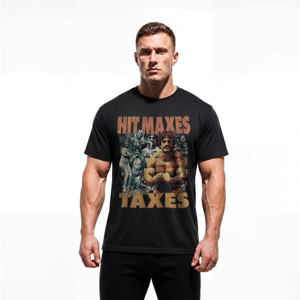 Model wearing Most Natty Hit Maxes Evade Taxes Vintage bodybuilding t-shirt showing relaxed classic fit