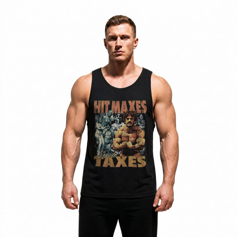 Model wearing Hit Maxes Evade Taxes Vintage bodybuilding tank top showing relaxed standard fit