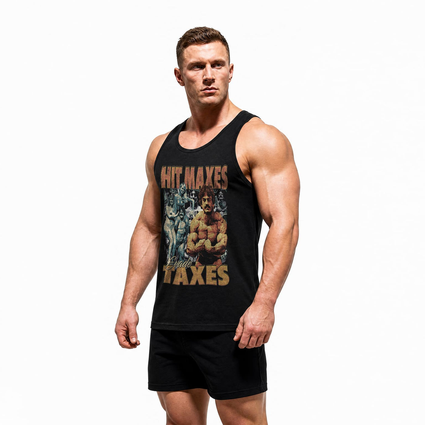 Model wearing Most Natty Hit Maxes Evade Taxes Vintage bodybuilding tank top showing front graphic print