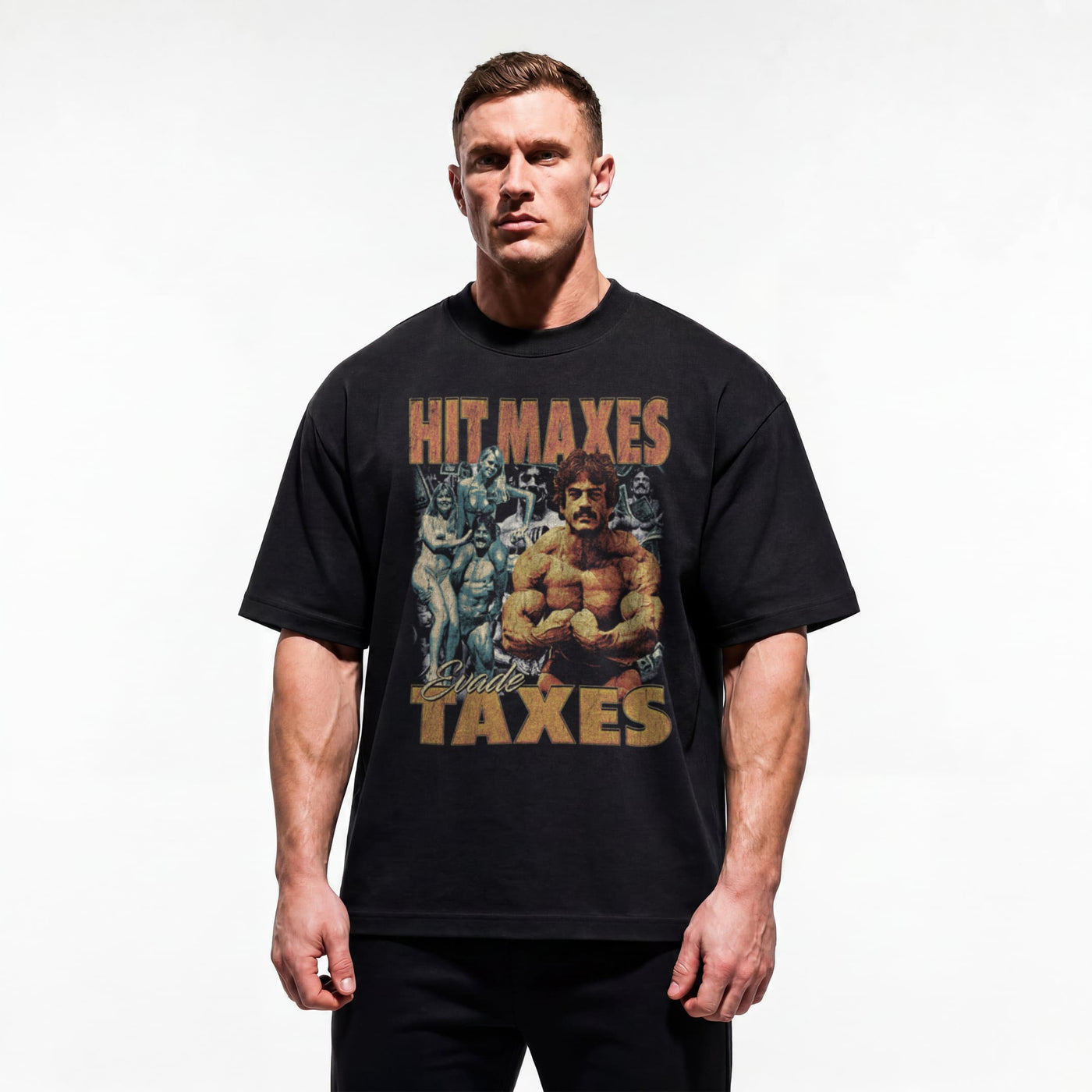 Model wearing Most Natty Hit Maxes Evade Taxes Vintage bodybuilding oversized t-shirt showing relaxed drop-shoulder fit