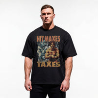 Model wearing Most Natty Hit Maxes Evade Taxes Vintage bodybuilding oversized t-shirt showing relaxed drop-shoulder fit