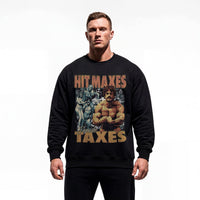 Model wearing Mike Mentzer Hit Maxes Evade Taxes Vintage bodybuilding pump cover crewneck showing relaxed oversized fit