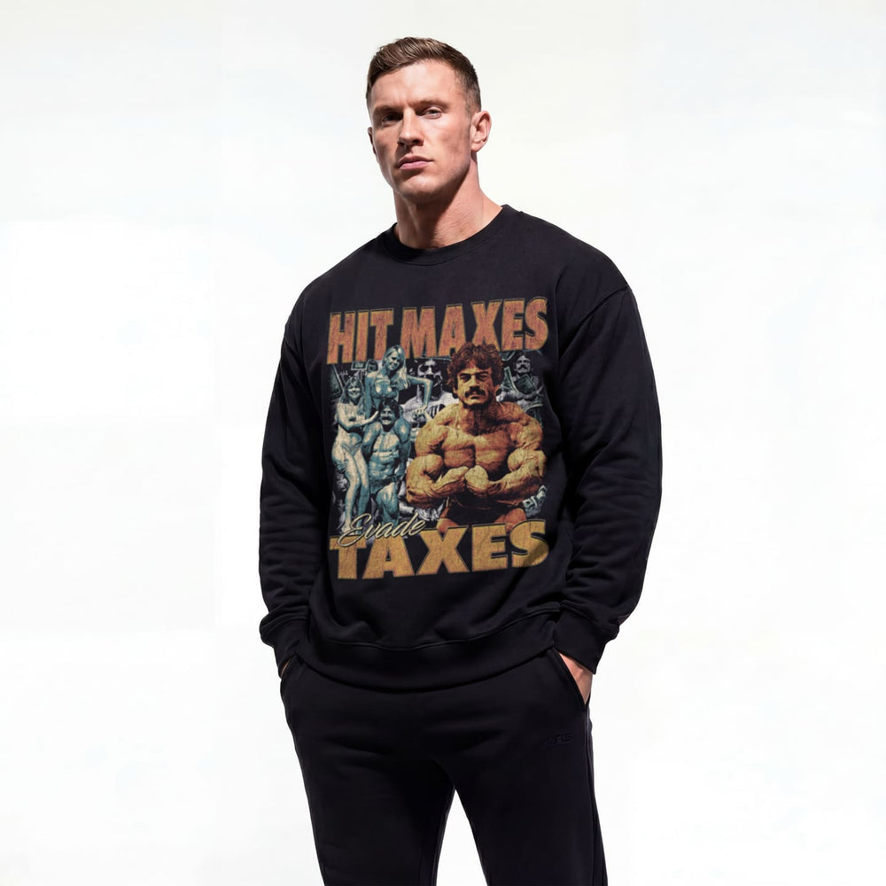 Model wearing Mike Mentzer Hit Maxes Evade Taxes Vintage bodybuilding pump cover crewneck showing front graphic print