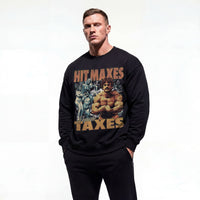 Model wearing Mike Mentzer Hit Maxes Evade Taxes Vintage bodybuilding pump cover crewneck showing front graphic print