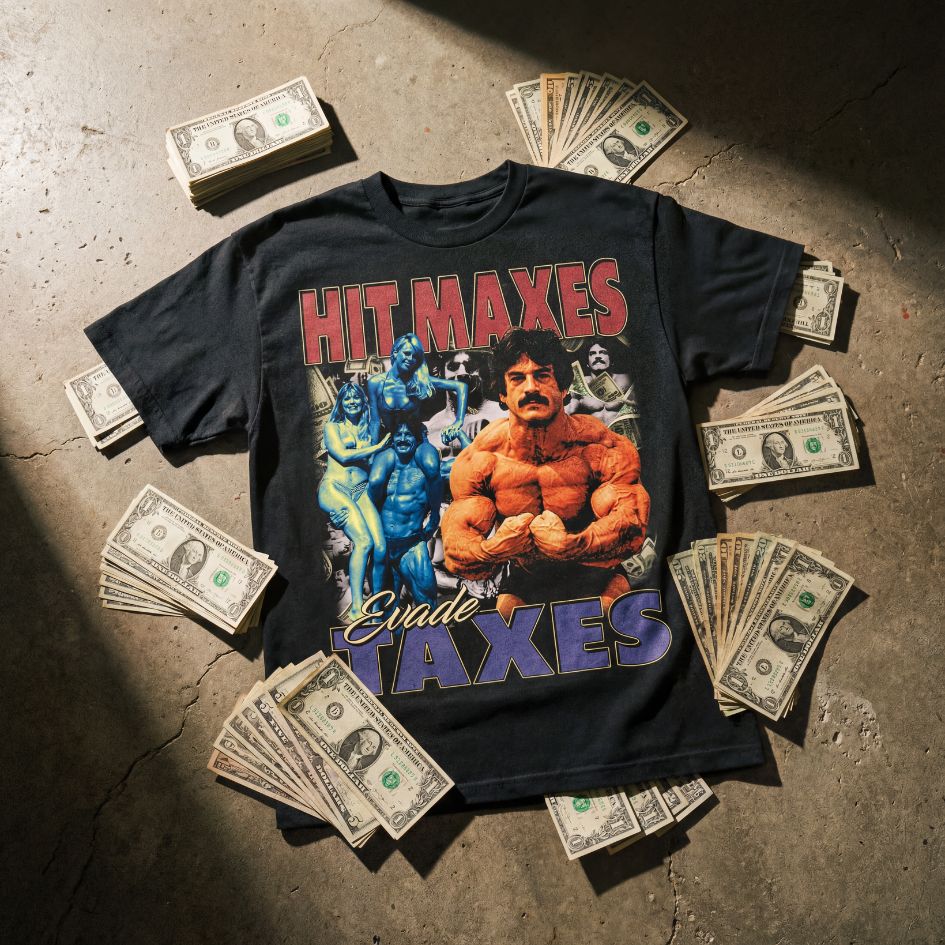 Hit maxes evade taxes T-shirt with graphic design and money on a gym floor
