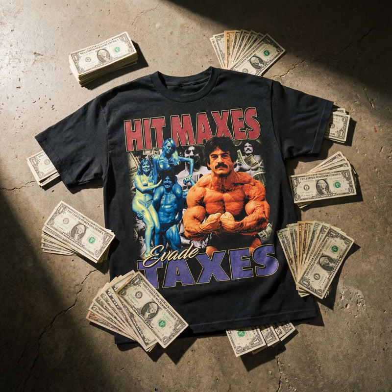 Hit maxes evade taxes T-shirt with graphic design and money on a gym floor