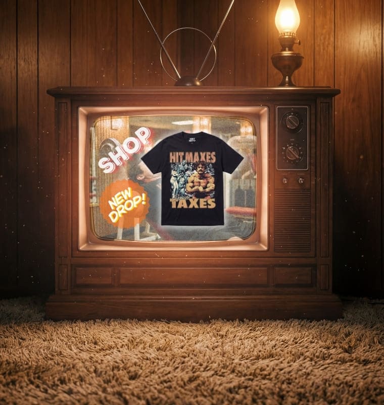Vintage television set with athe Hit Maxes Evade Taxes T-shirt and promotional text on the screen, against a wooden wall.