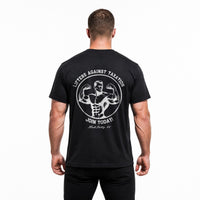 Model wearing Most Natty LAT Club bodybuilding t-shirt showing main rear graphic print
