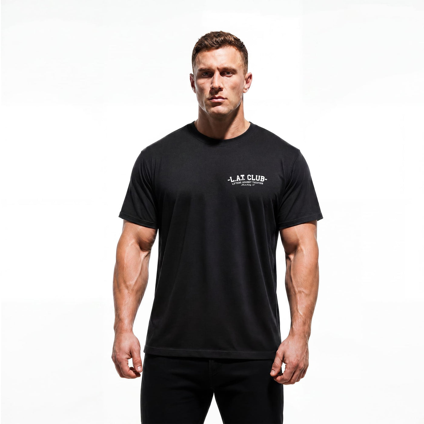 Model wearing Most Natty LAT Club bodybuilding t-shirt showing front graphic print