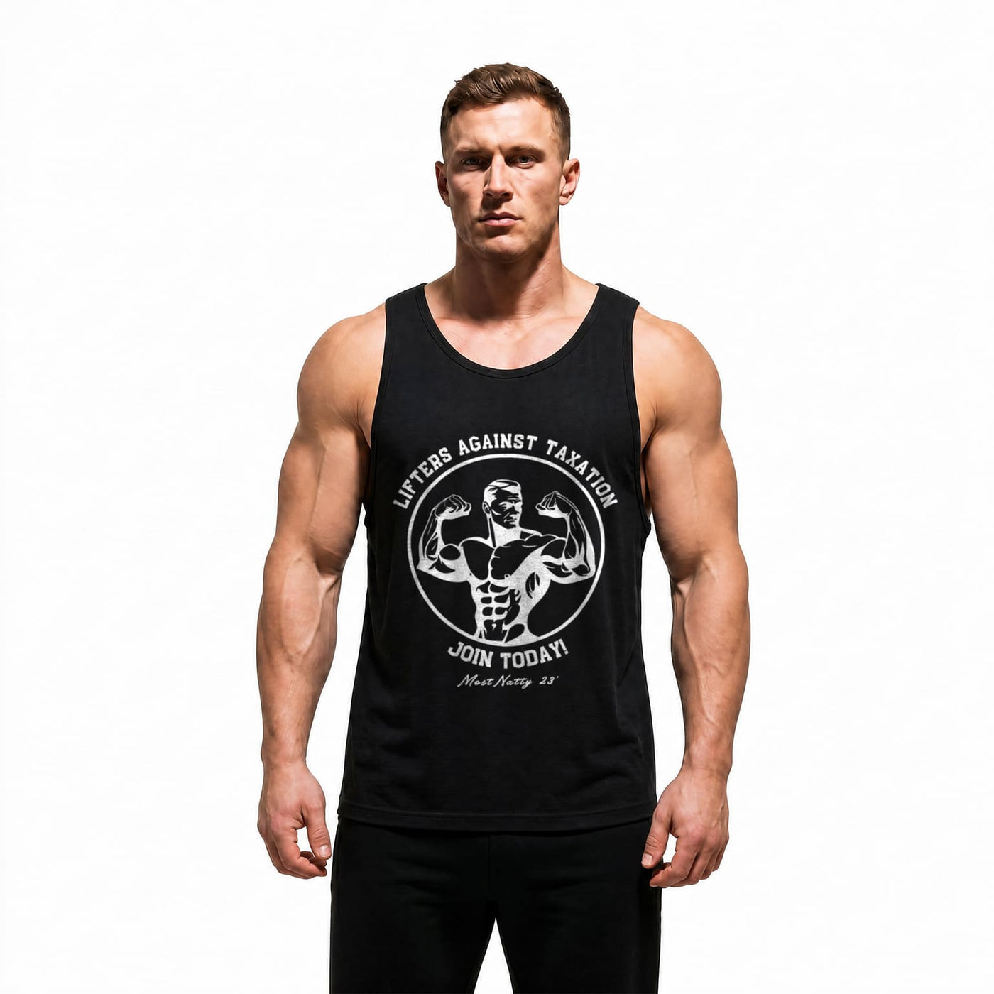 Model wearing Most Natty LAT Club bodybuilding tank top showing relaxed standard fit