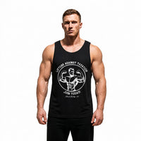 Model wearing Most Natty LAT Club bodybuilding tank top showing relaxed standard fit
