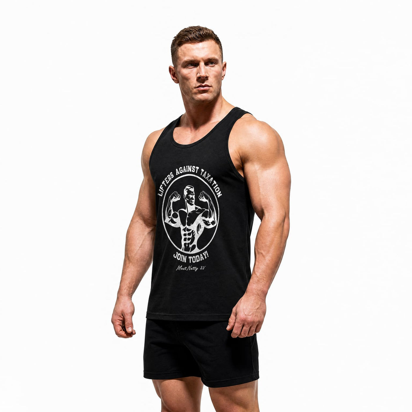 Model wearing Most Natty LAT Club bodybuilding tank top showing front graphic print