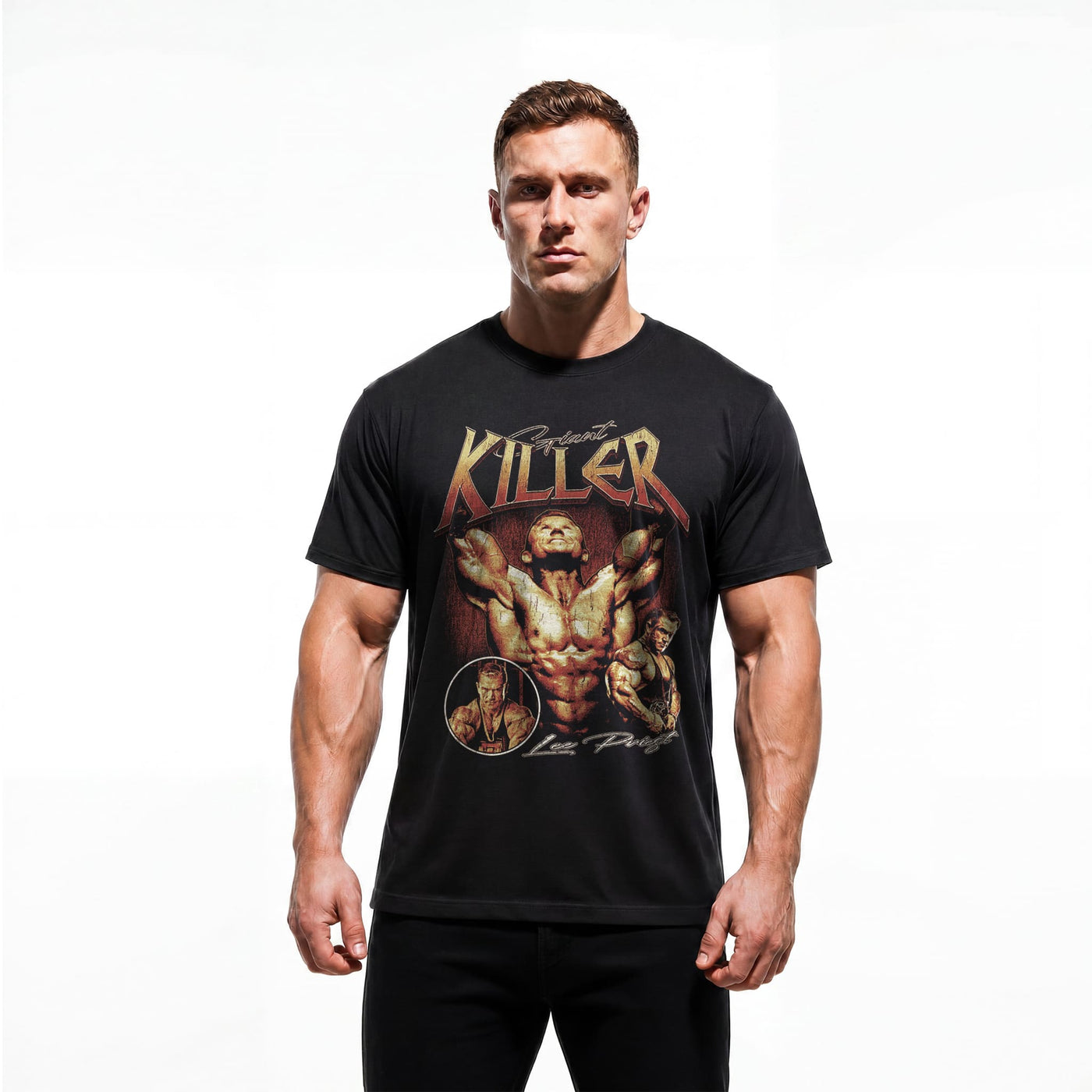 Model wearing Most Natty Giant Killer bodybuilding t-shirt showing relaxed classic fit