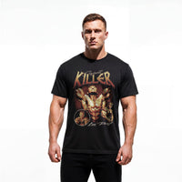 Model wearing Most Natty Giant Killer bodybuilding t-shirt showing relaxed classic fit