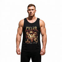 Model wearing Most Natty Giant Killer bodybuilding tank top showing relaxed standard fit