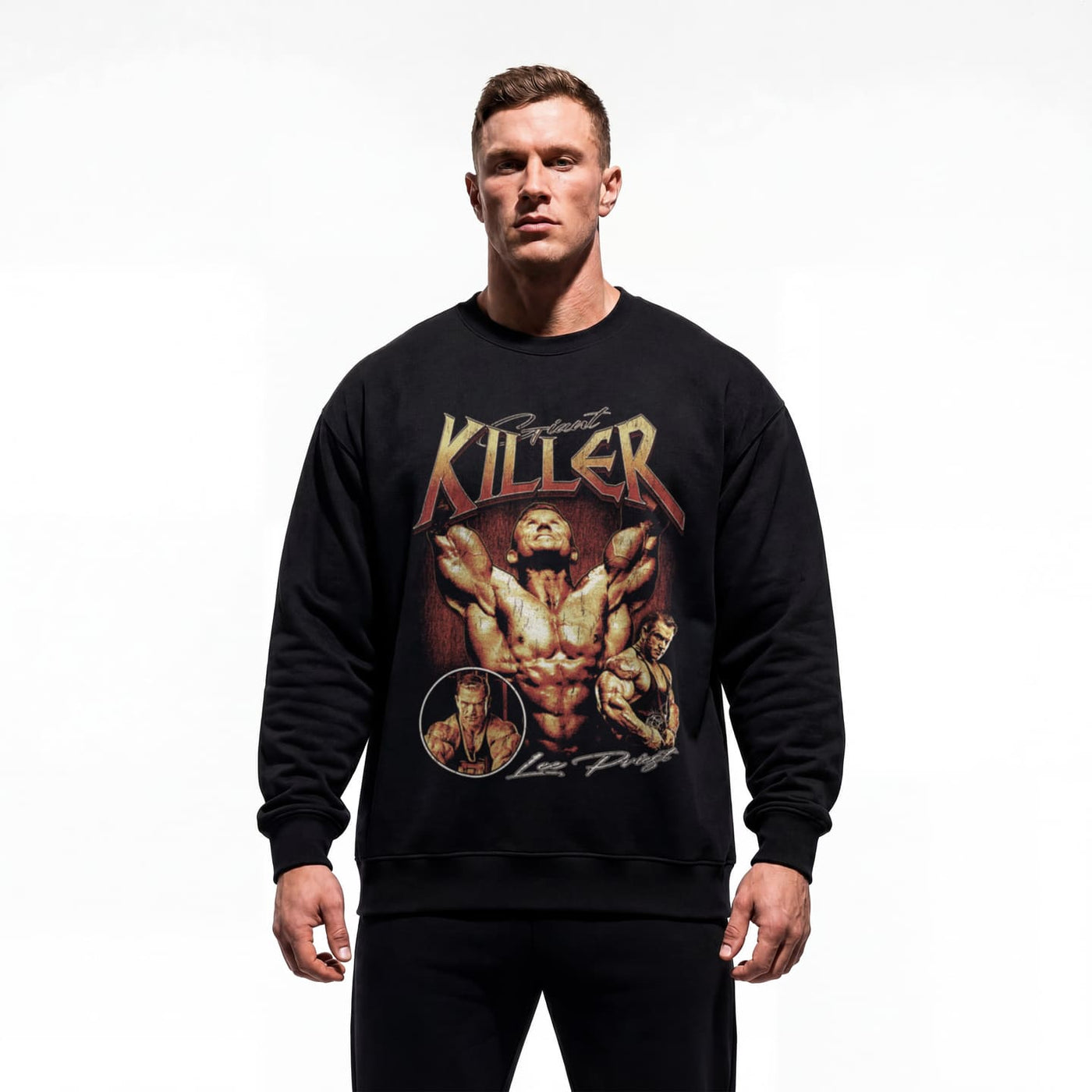 Model wearing Lee Priest Giant Killer bodybuilding pump cover crewneck showing relaxed fit
