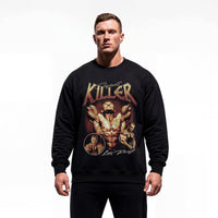 Model wearing Lee Priest Giant Killer bodybuilding pump cover crewneck showing relaxed fit