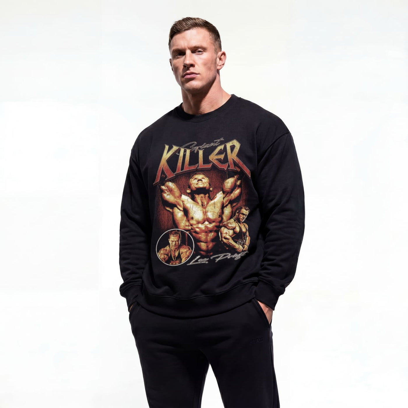 Model wearing Lee Priest Giant Killer bodybuilding pump cover crewneck showing front graphic print