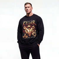 Model wearing Lee Priest Giant Killer bodybuilding pump cover crewneck showing front graphic print