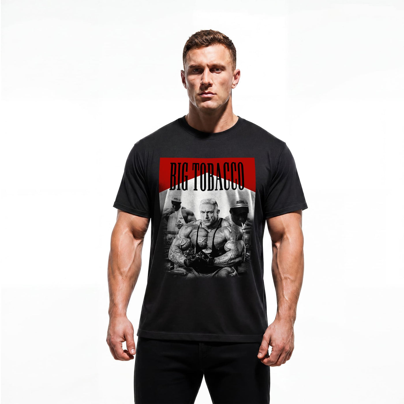 Model wearing Most Natty Big Tobacco bodybuilding t-shirt showing relaxed classic fit