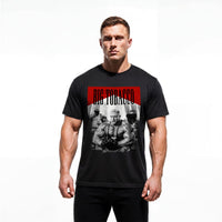 Model wearing Most Natty Big Tobacco bodybuilding t-shirt showing relaxed classic fit