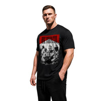 Model wearing Most Natty Big Tobacco bodybuilding t-shirt showing front graphic print