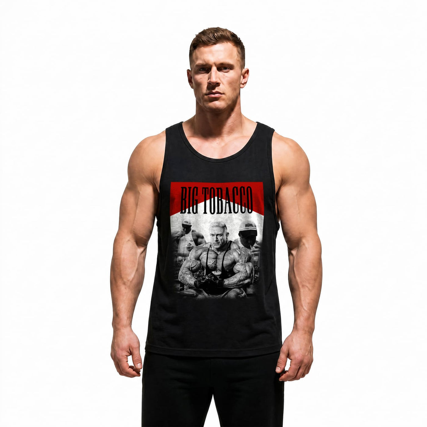 Model wearing Most Natty Big Tobacco bodybuilding tank top showing relaxed standard fit