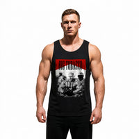 Model wearing Most Natty Big Tobacco bodybuilding tank top showing relaxed standard fit
