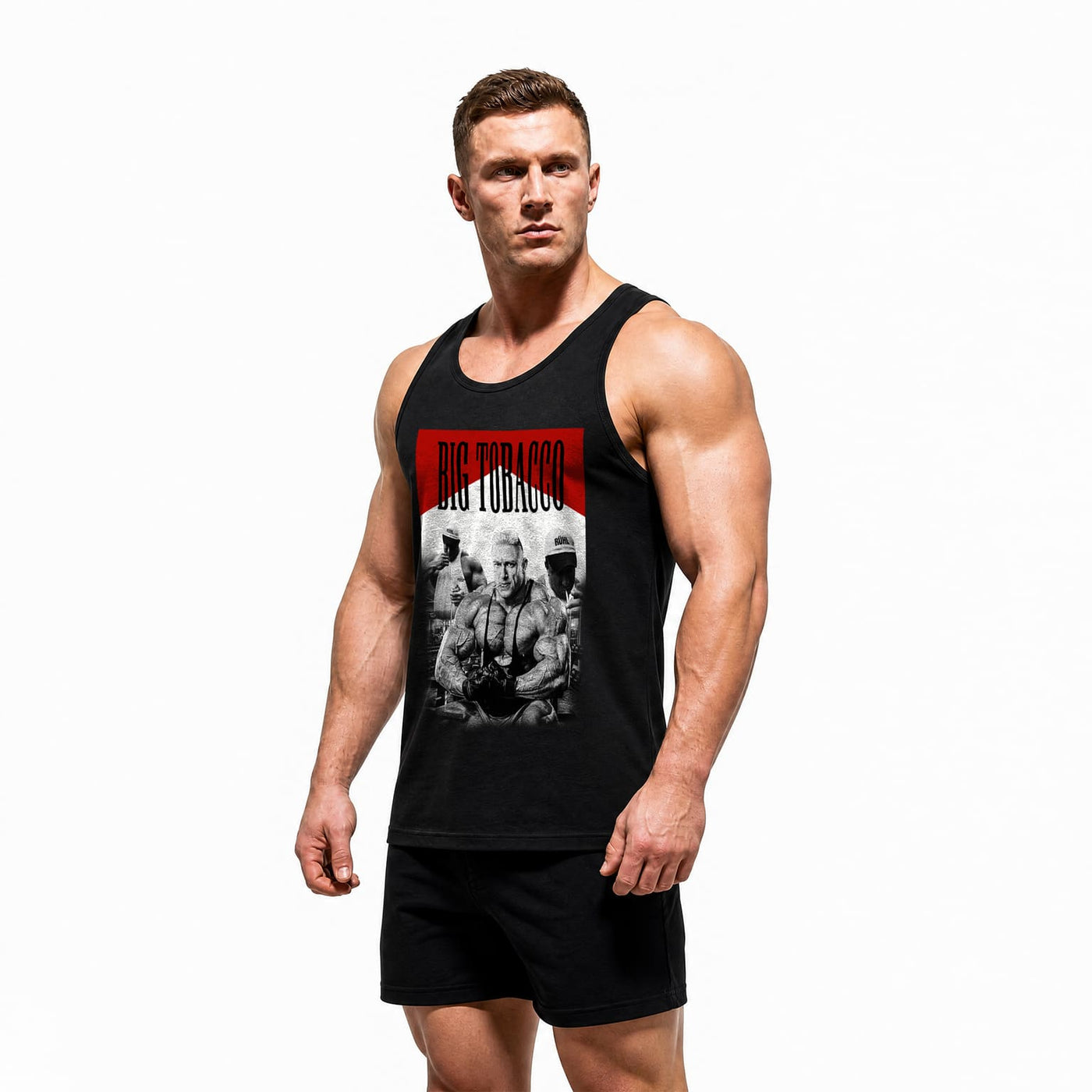 Model wearing Most Natty Big Tobacco bodybuilding tank top showing front graphic print