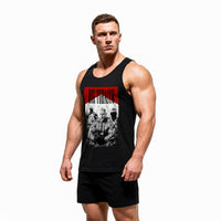 Model wearing Most Natty Big Tobacco bodybuilding tank top showing front graphic print