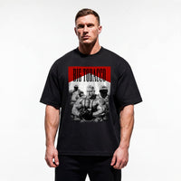 Model wearing Most Natty Big Tobacco bodybuilding oversized t-shirt feautring Markus Ruhl showing relaxed drop-shoulder fit