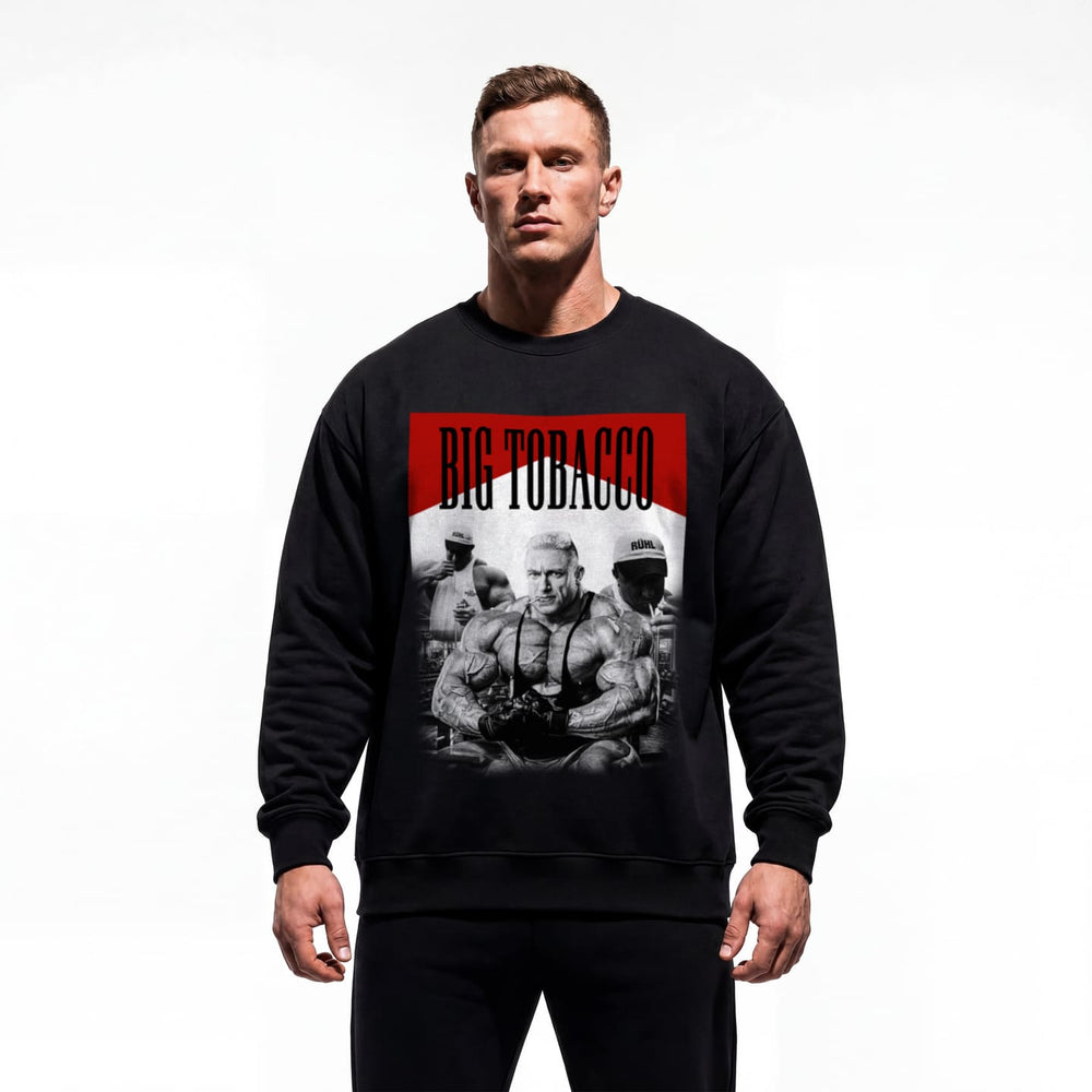 Model wearing Markus Ruhl Big Tobacco bodybuilding pump cover crewneck showing relaxed fit