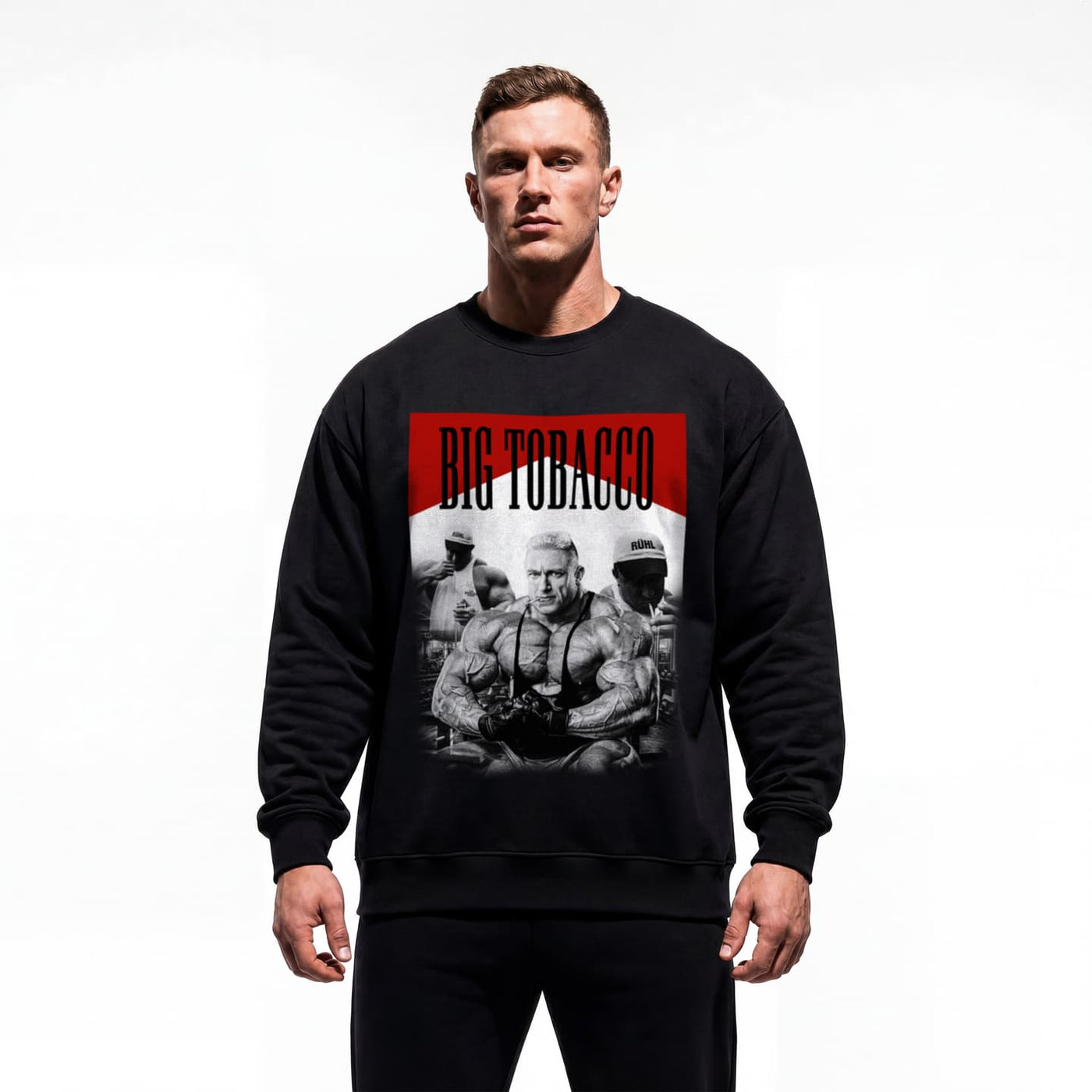 Model wearing Markus Ruhl Big Tobacco bodybuilding pump cover crewneck showing relaxed fit