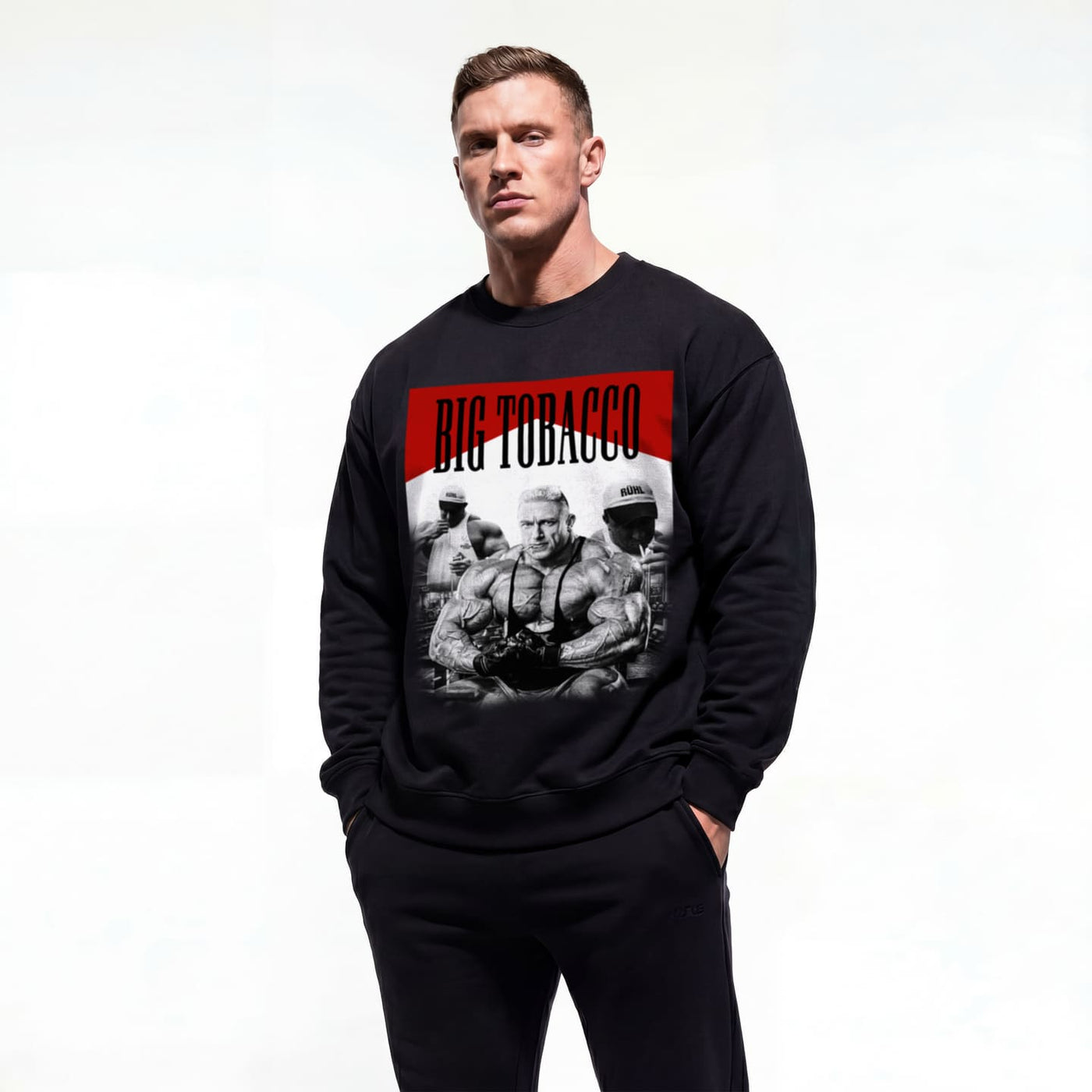 Model wearing Markus Ruhl Big Tobacco bodybuilding pump cover crewneck showing front graphic print