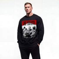 Model wearing Markus Ruhl Big Tobacco bodybuilding pump cover crewneck showing front graphic print