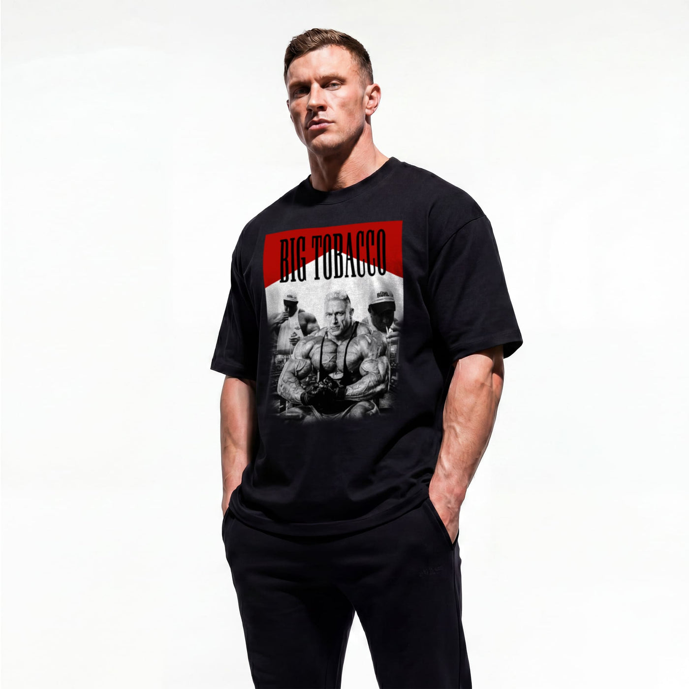 Model wearing Most Natty Big Tobacco bodybuilding oversized t-shirt showing front graphic print