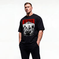 Model wearing Most Natty Big Tobacco bodybuilding oversized t-shirt showing front graphic print