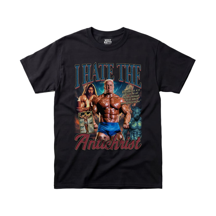 Most Natty I Hate the Antichrist gym t-shirt front flat lay on white background