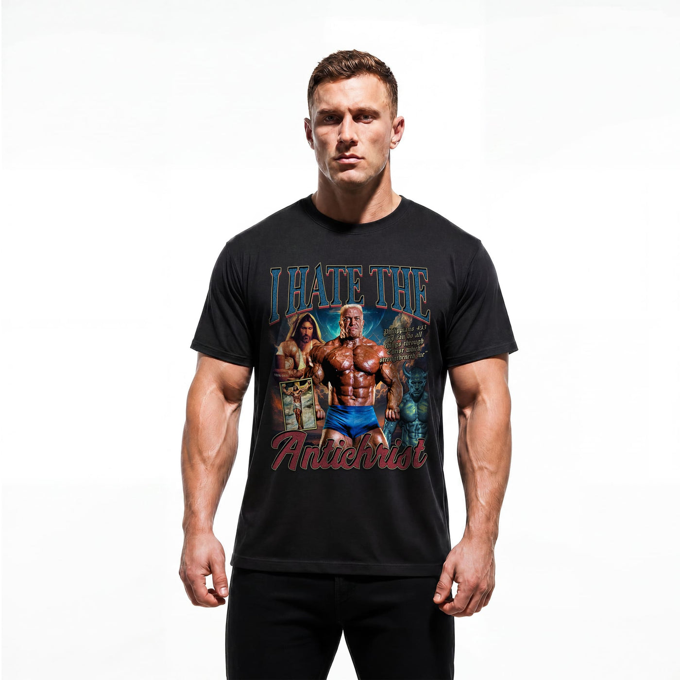 Model wearing Most Natty I Hate the Antichrist bodybuilding t-shirt showing relaxed classic fit