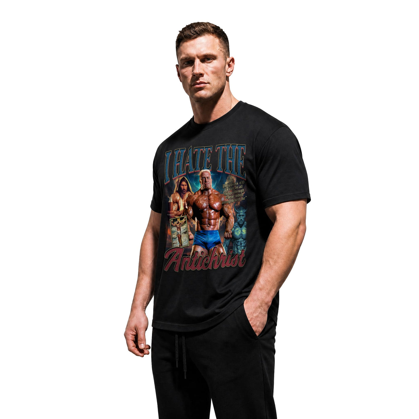 Model wearing Most Natty I Hate the Antichrist featuring Markus Ruhl bodybuilding t-shirt showing front graphic print