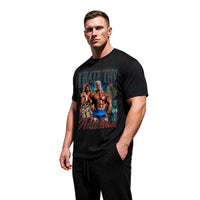 Model wearing Most Natty I Hate the Antichrist featuring Markus Ruhl bodybuilding t-shirt showing front graphic print
