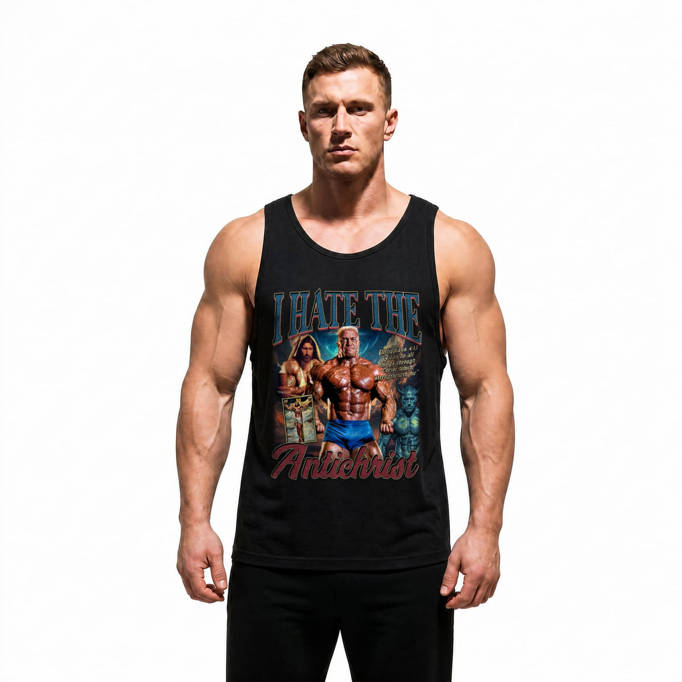 Model wearing Most Natty I Hate the Antichrist bodybuilding tank top showing relaxed standard fit